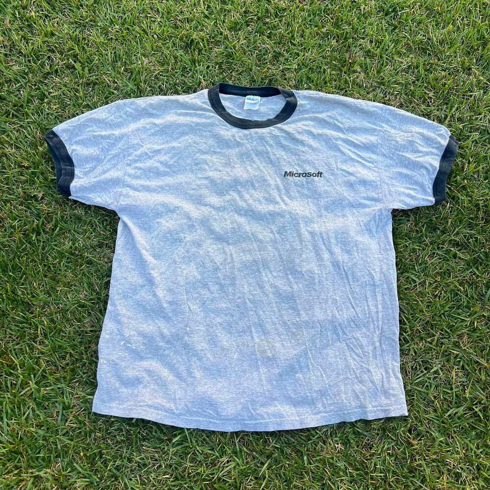 Gray Microsoft ringer tee with black trim #tech #gildan mens size XL